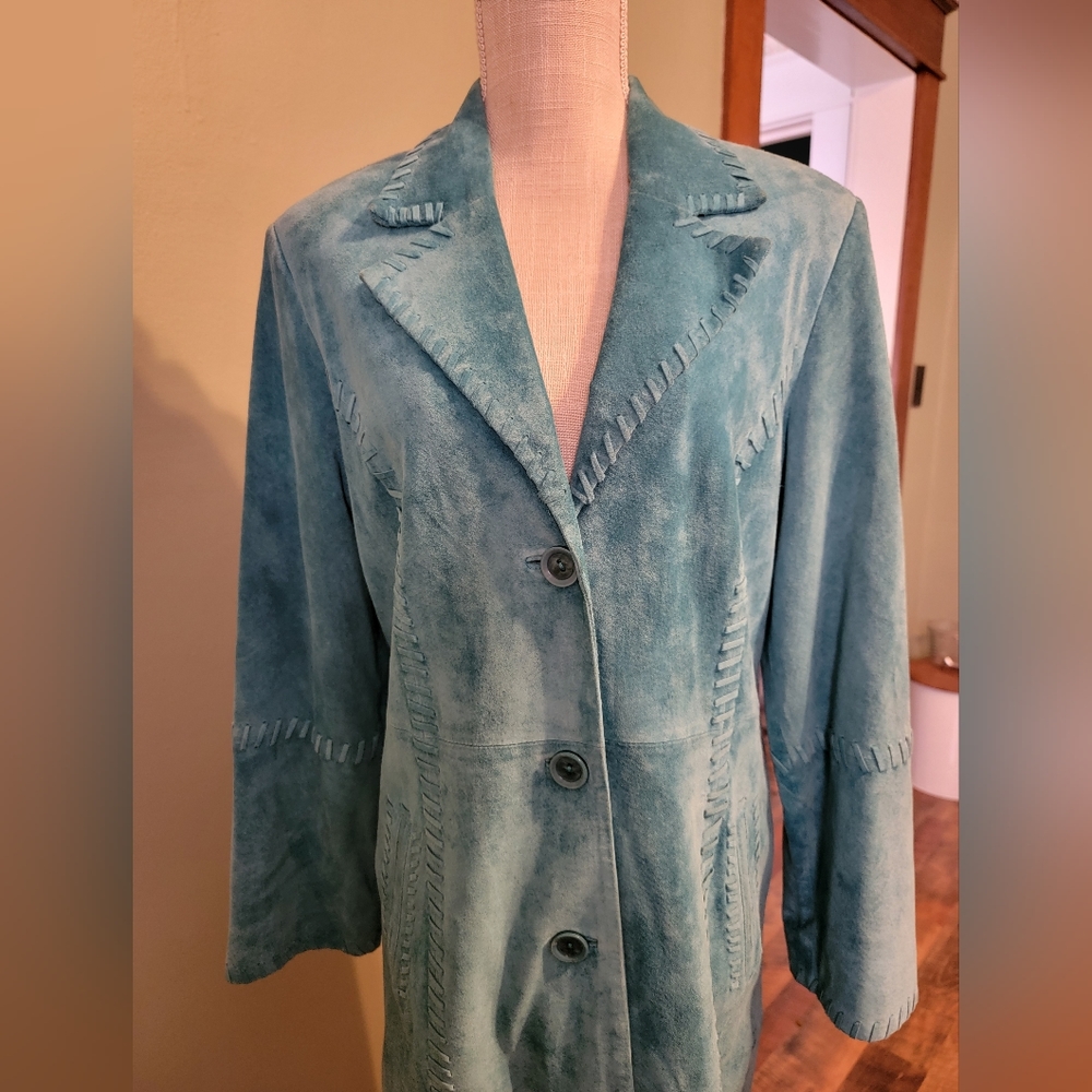 Women's Blue Suede Coat - Picture 10 of 12